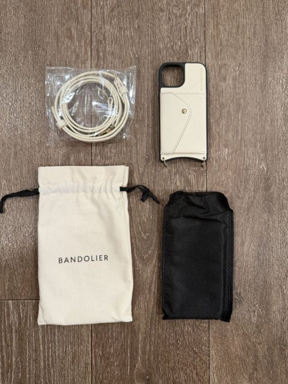 Bandolier Donna iPhone 15 Case, Ivory/Gold, Leather Strap & Dust Bag